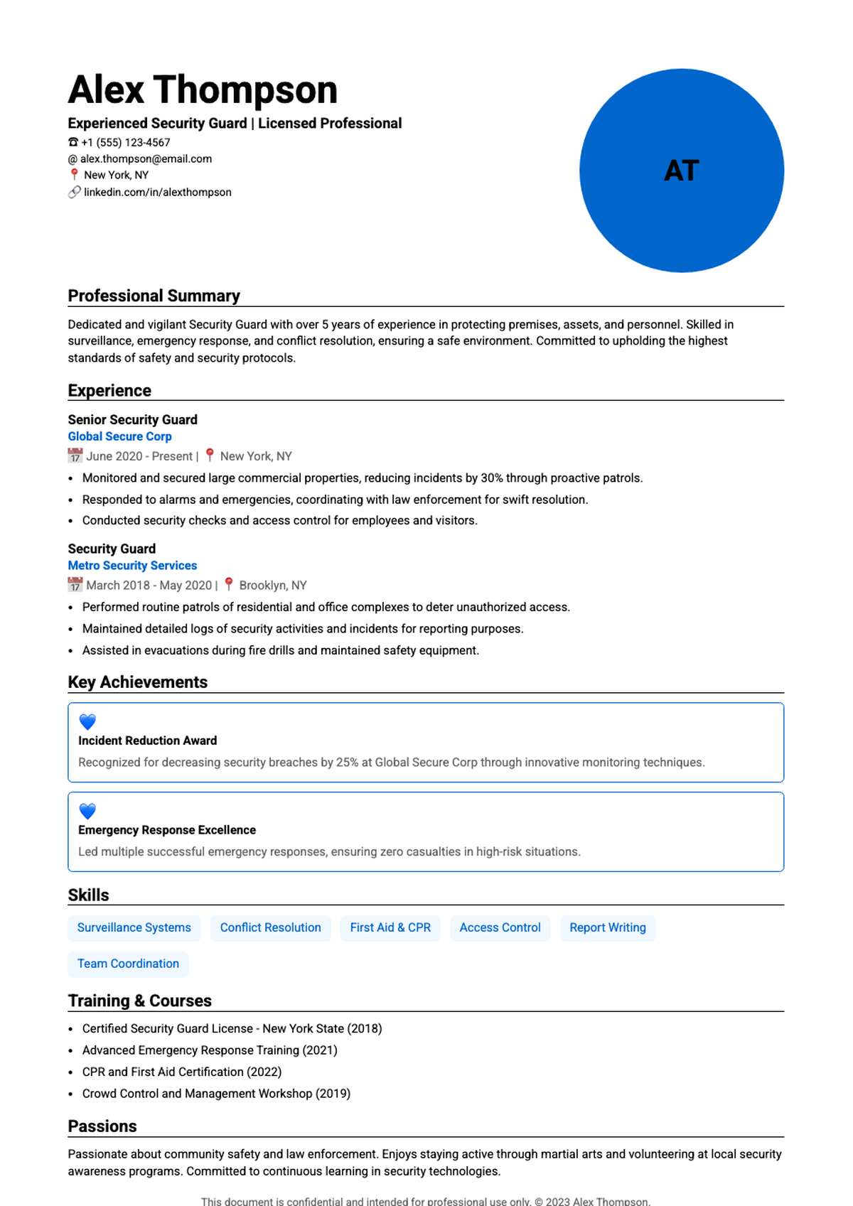 Professional security specialist resume with key achievements and skills_variant_1